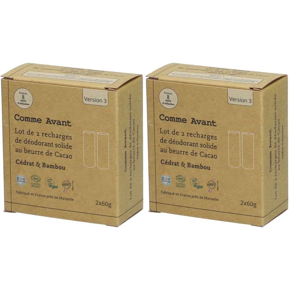 Deux boîtes en carton rectangulaires. Inscription: Comme Avant, Lot de 2 recharges de déodorant solide au beurre de Cacao Cédrat & Bambou. Version 3.