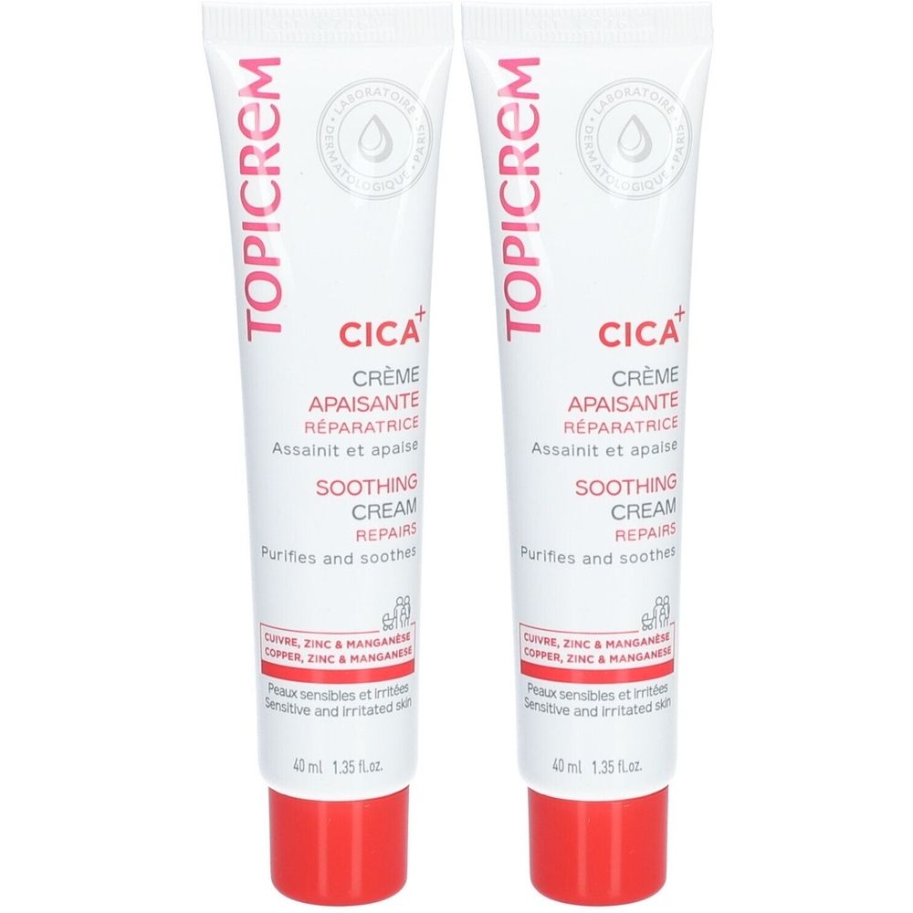 Deux tubes de crème TOPICREM CICA+. Tubes blancs avec bouchon rouge. Texte: Crème Apaisante Réparatrice, Soothing Cream, 40ml.