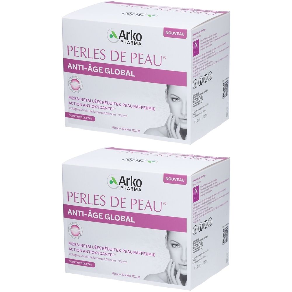 Deux boîtes blanches. Inscription : Arko Pharma, Perles de Peau Anti-Âge Global. Illustration d'un visage féminin. Mention « NOUVEAU ».