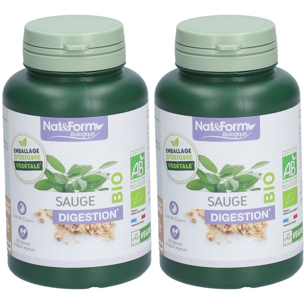 Deux flacons verts avec couvercles. Étiquettes "Nat&Form Biologique SAUGE DIGESTION". Logos bio et "Emballage d'origine vegetale".