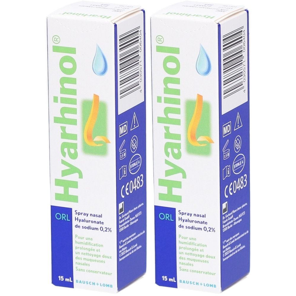 Deux boîtes rectangulaires avec le nom du produit Hyarhinol. Inscription : Spray nasal, Hyaluronate de sodium 0,2%. Avec marquage CE.