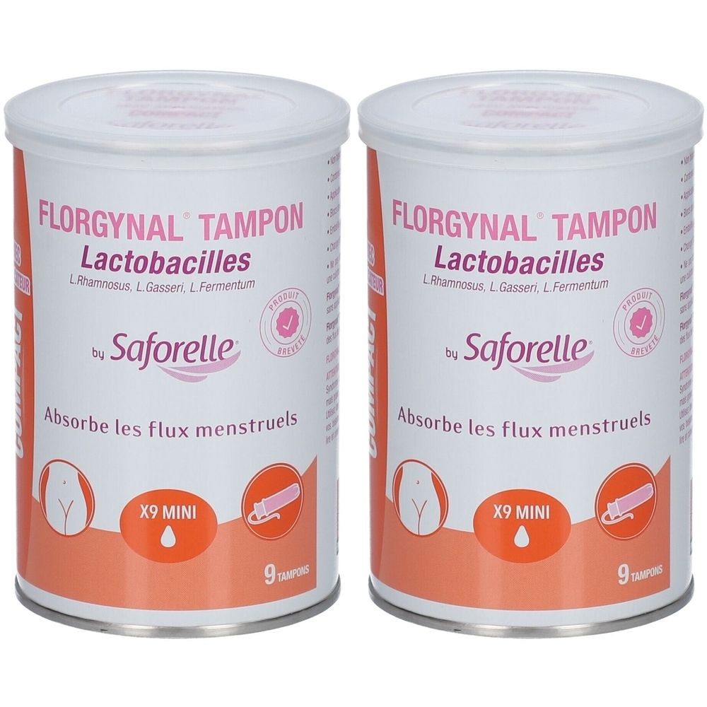 Deux boîtes cylindriques de tampons Florgynal. Inscription: Lactobacilles, Saforelle. Contient 9 tampons, format mini.
