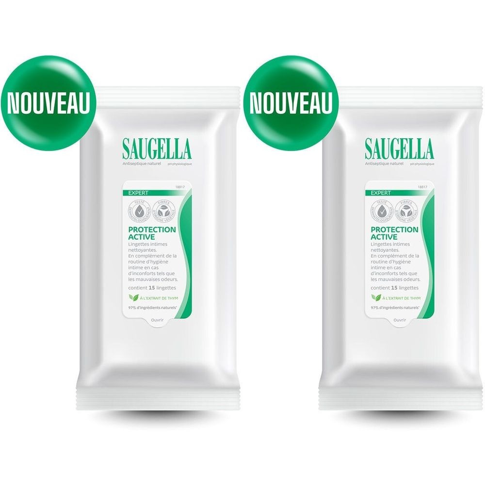 Deux sachets blancs avec détails verts. Inscription Saugella, Nouveau. Texte descriptif en français sur le produit.