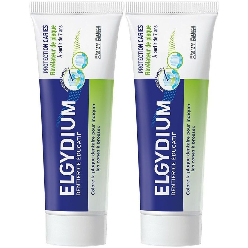 Deux tubes de dentifrice. Emballage bleu et blanc avec texte: ELGYDIUM, Protection contre les caries, à partir de 7 ans. Pierre Fabre.