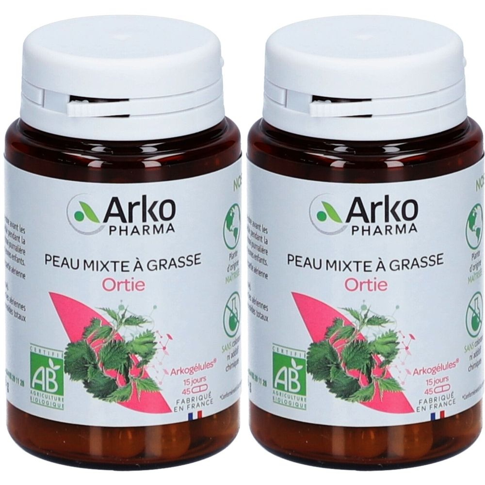 Deux flacons bruns avec bouchons blancs. Étiquettes avec "Arko Pharma", "Peau mixte à grasse Ortie" et logo vert. Certification AB.