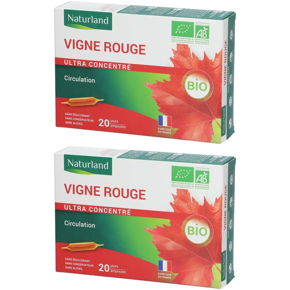 Deux boîtes de Vigne Rouge, Ultra Concentré, Circulation. Contient 20 ampoules. Labels Bio et Origine France.