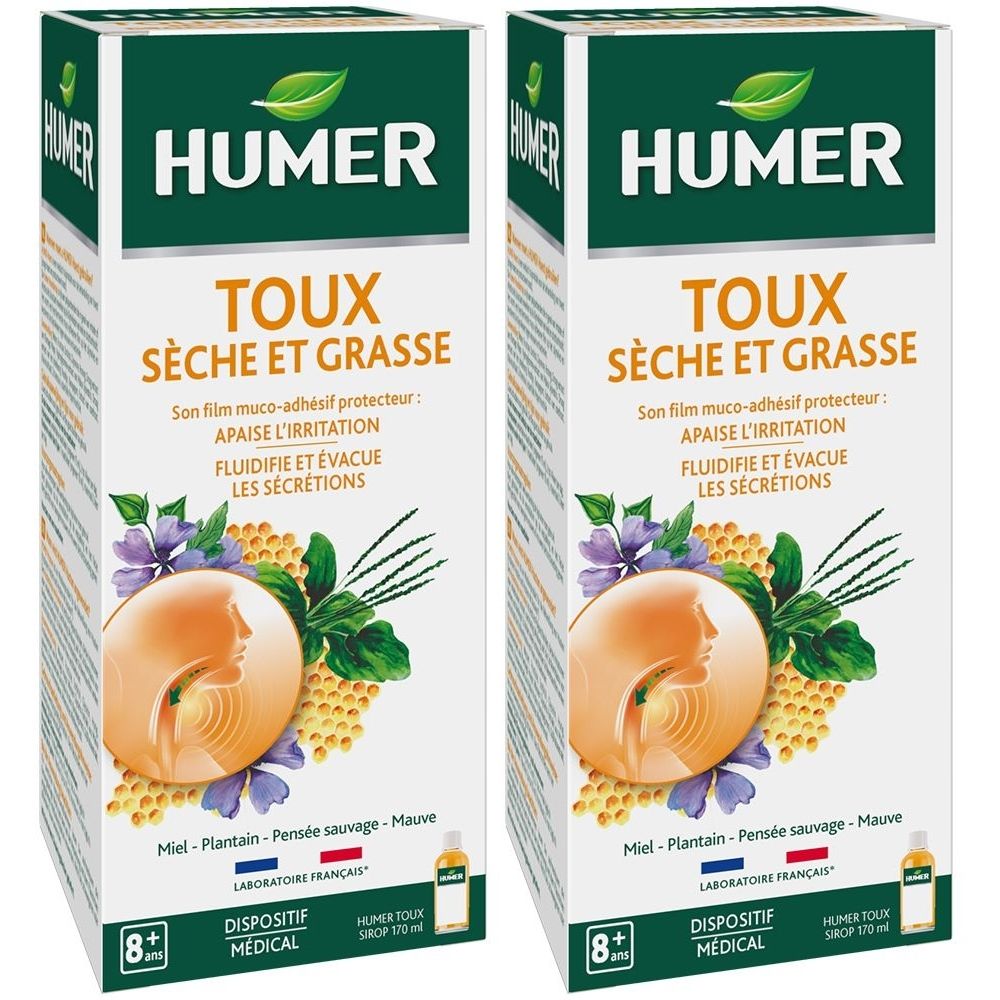 Deux boîtes de HUMER Toux. Inscription: TOUX SÈCHE ET GRASSE. Illustration de gorge, nid d'abeilles et plantes. Dispositif médical. 8+.