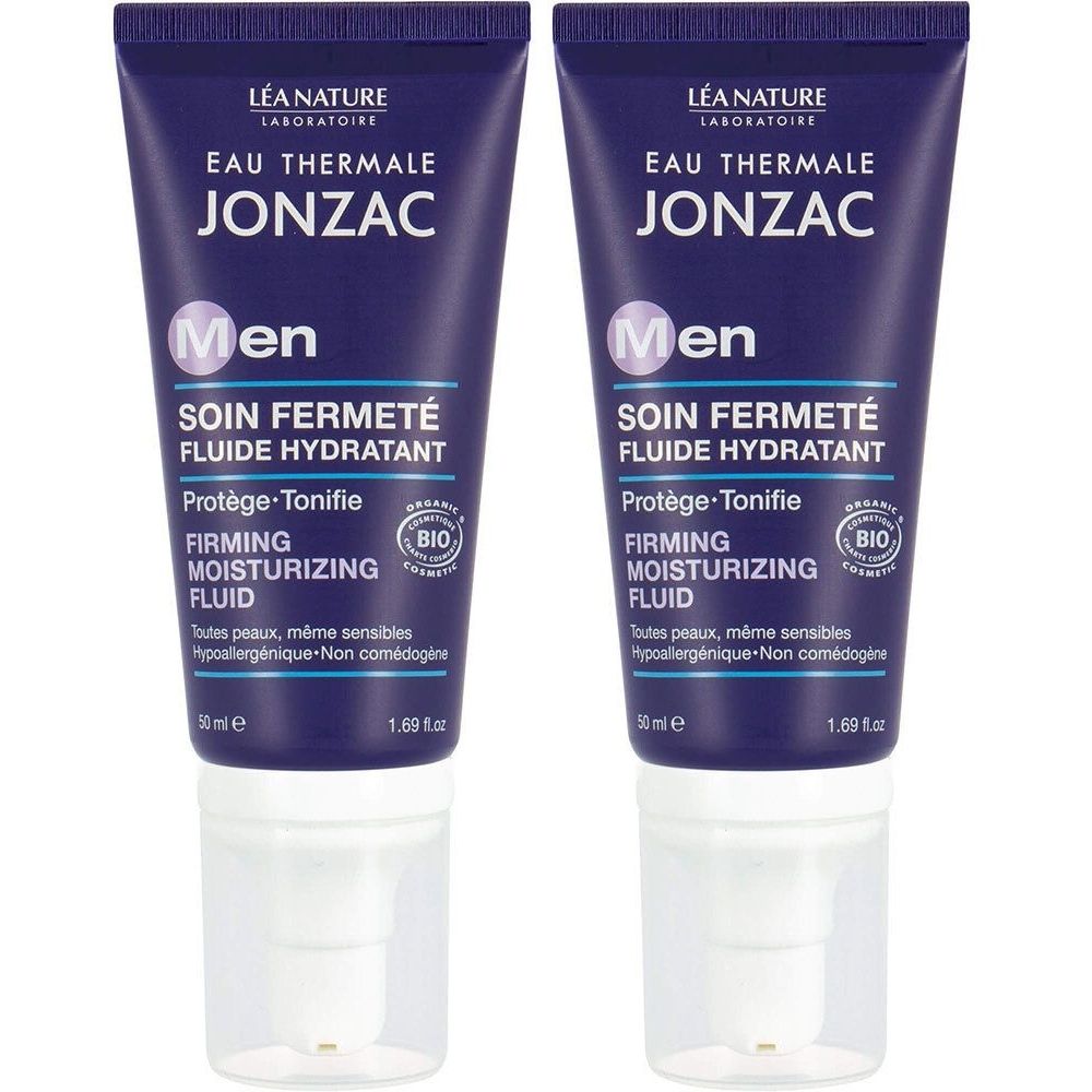 Deux tubes de fluide hydratant Jonzac Men. Tubes bleu foncé avec texte blanc. Certification BIO. Nom et description du produit.