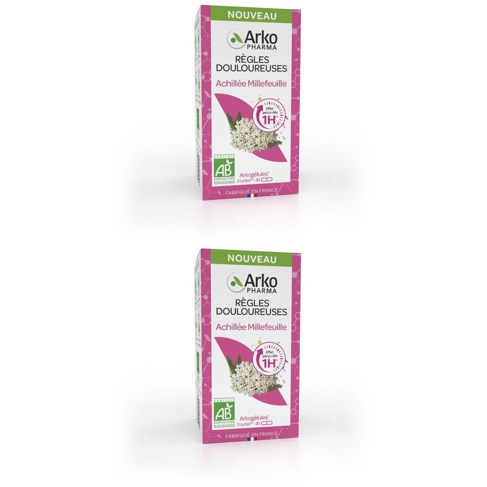 Deux boîtes "Règles Douloureuses" Arko Pharma. Emballage vert et rose avec logo et mention "NOUVEAU".