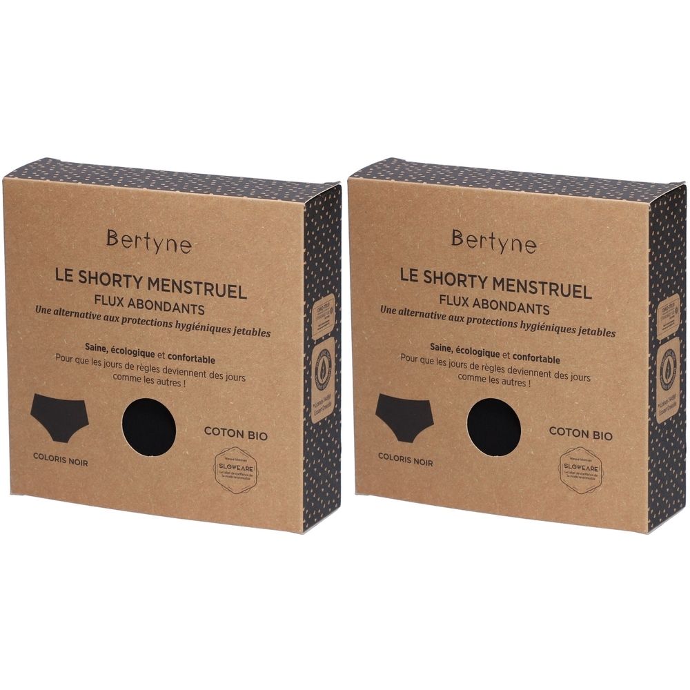 Deux boîtes de shorty menstruel Bertyne. Inscription : LE SHORTY MENSTRUEL, FLUX ABONDANTS. Coton bio. Sous-vêtements noirs illustrés.