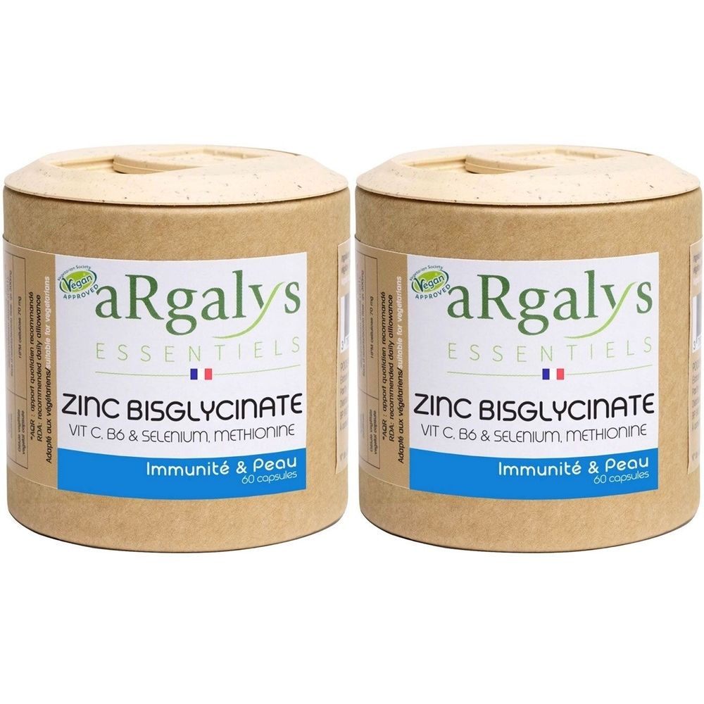 Deux boîtes cylindriques avec couvercles. Inscription : aRgalys, ZINC BISGLYCINATE, Vit C, B6 & Sélénium, Méthionine. Inscription : Immunité & Peau.