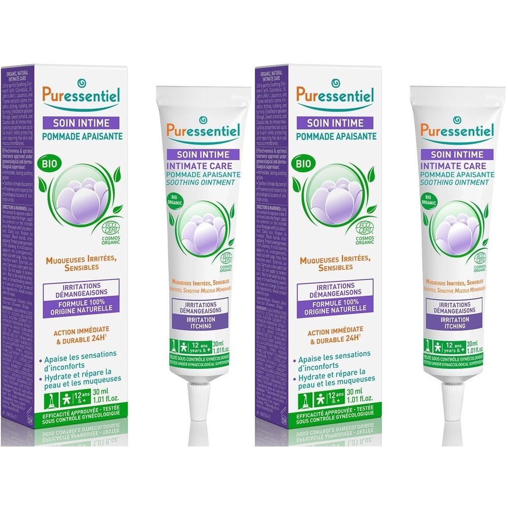 Trois tubes et deux étuis. Inscription : Puressentiel Soin Intime Pommade Apaisante Bio. Avec certification bio.