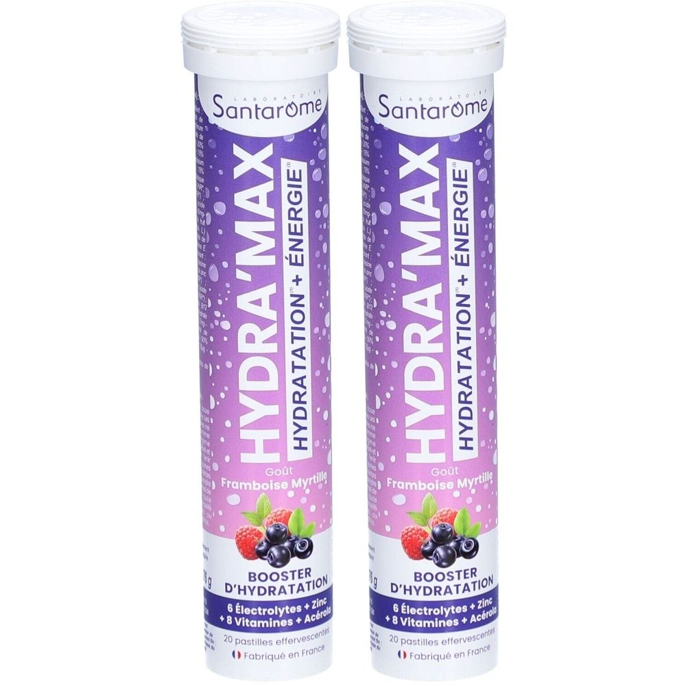 Deux tubes cylindriques Santarome Hydra'Max. Étiquette violette avec nom du produit, illustration de framboises et myrtilles.