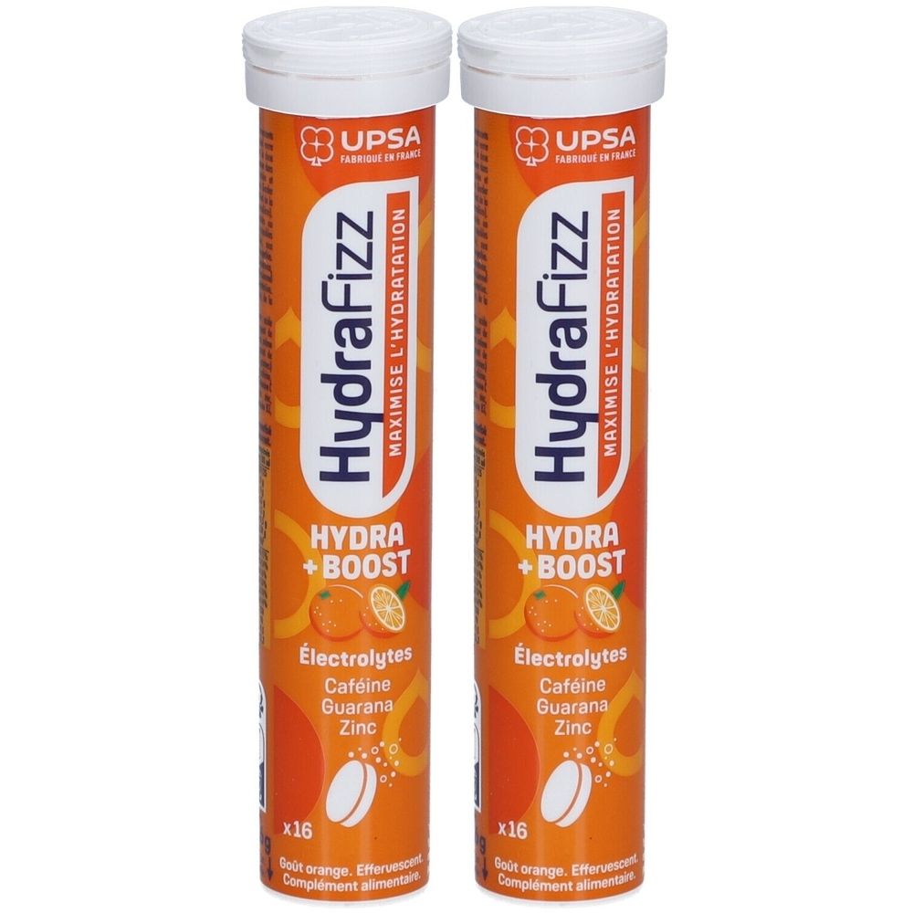 Deux tubes cylindriques. Inscriptions: HydraFizz, Hydra + Boost, Électrolytes, Caféine, Guarana, Zinc. Design orange avec bouchons blancs.