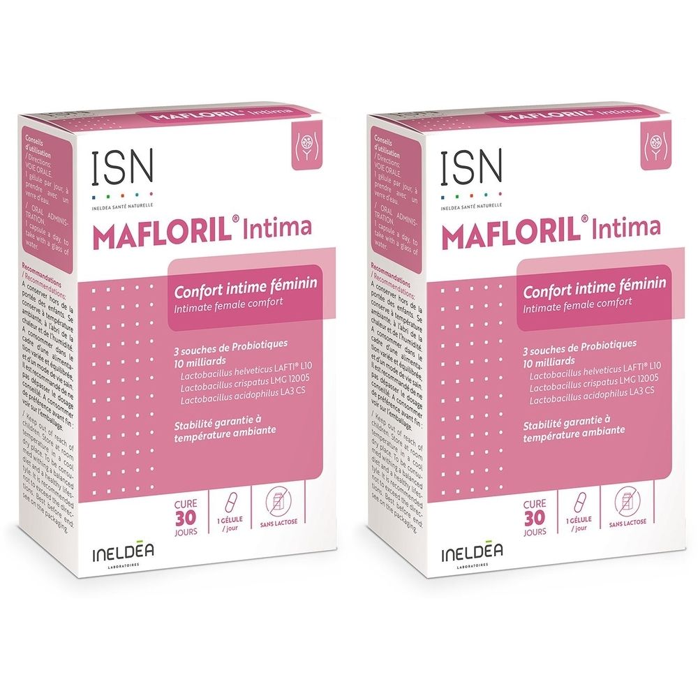 Deux boîtes de MAFLORIL Intima. Inscription: Confort intime féminin. Contient 30 sachets. Marque: ISN. Emballage rose et blanc.