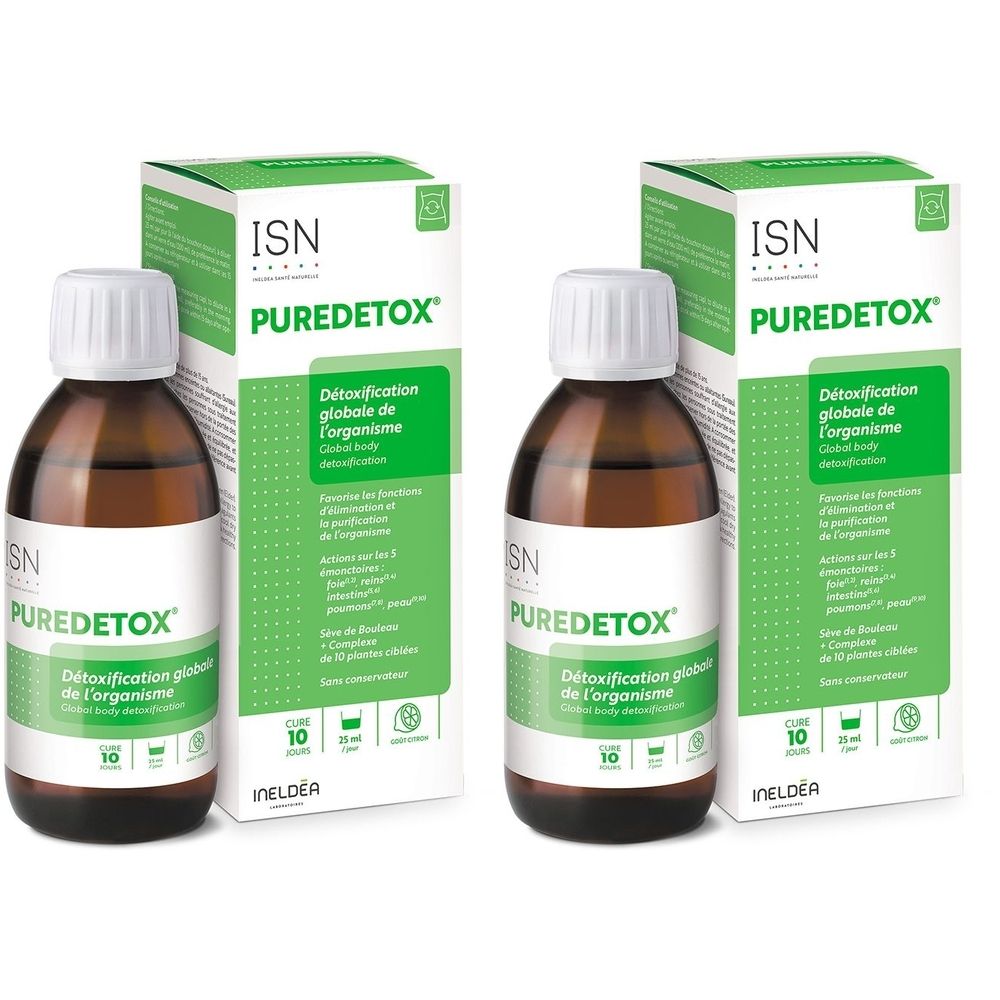 Deux flacons et emballages. Inscription : ISN PUREDETOX. Flacons bruns avec bouchon blanc. Emballage vert et blanc.