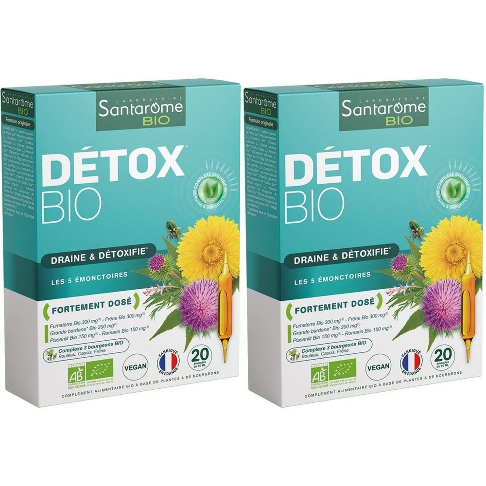 Deux boîtes de Santarome Bio Détox Bio. Emballage turquoise et blanc avec nom du produit et illustrations florales. 20 ampoules.