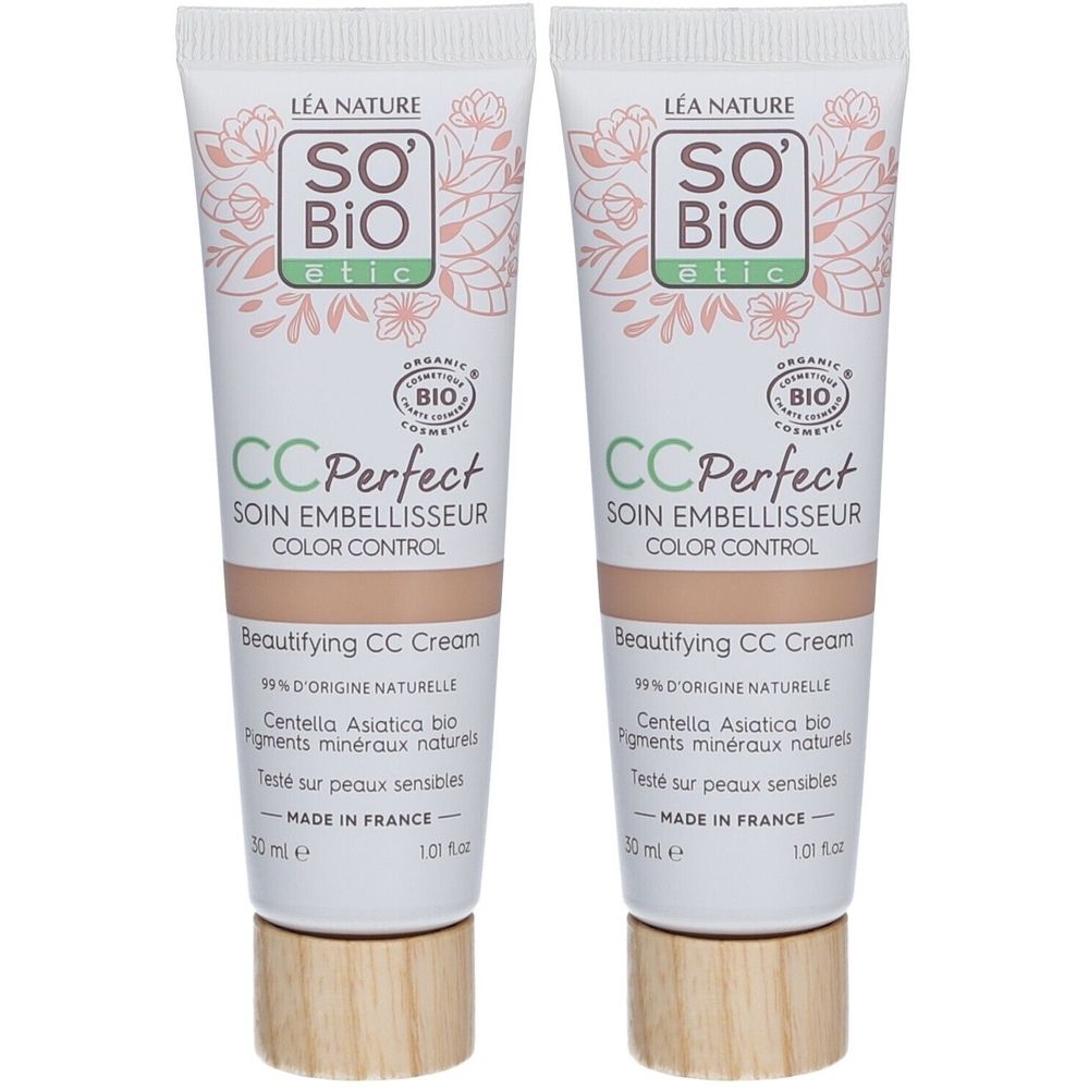 Deux tubes de CC Perfect Soin Embellisseur. Blanc, avec teinte marron. Inscriptions: SO BIO etic, CC Perfect, 99% d'origine naturelle, Made in France.