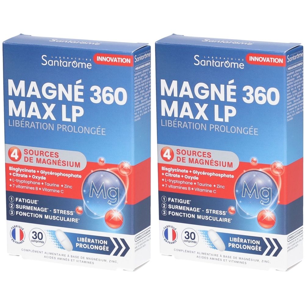 Deux boîtes de Santarome Magné 360 Max LP. Emballage bleu avec nom du produit et informations. Contient 30 comprimés.