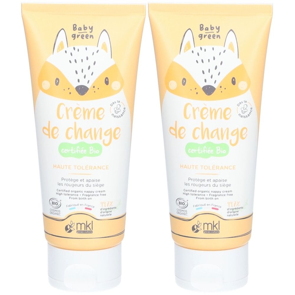 Deux tubes de Crème de change Baby Green. Chaque tube présente un motif de renard et l'inscription "Crème de change certifiée Bio".