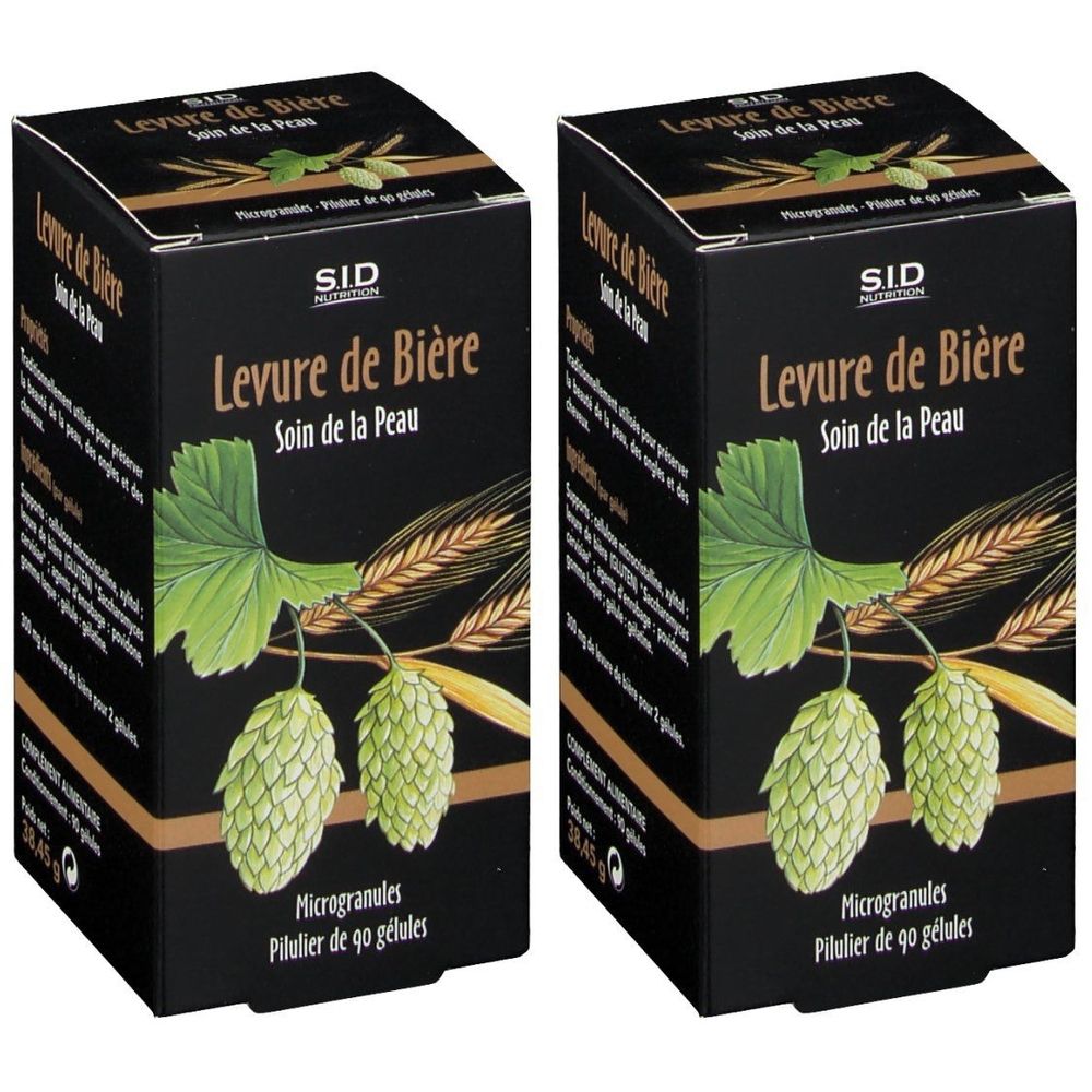 Deux boîtes noires avec impression du produit. Inscription: Levure de Bière, Soin de la Peau. Illustrations de houblon et de céréales.