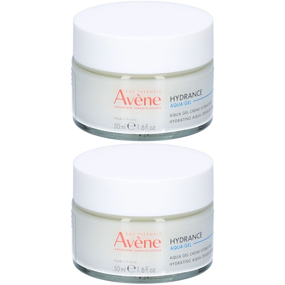 Deux pots de AVENE Hydrance Aqua-Gel. Couvercles blancs, pots transparents. Inscription: AVENE, HYDRANCE AQUA GEL, 50ml.
