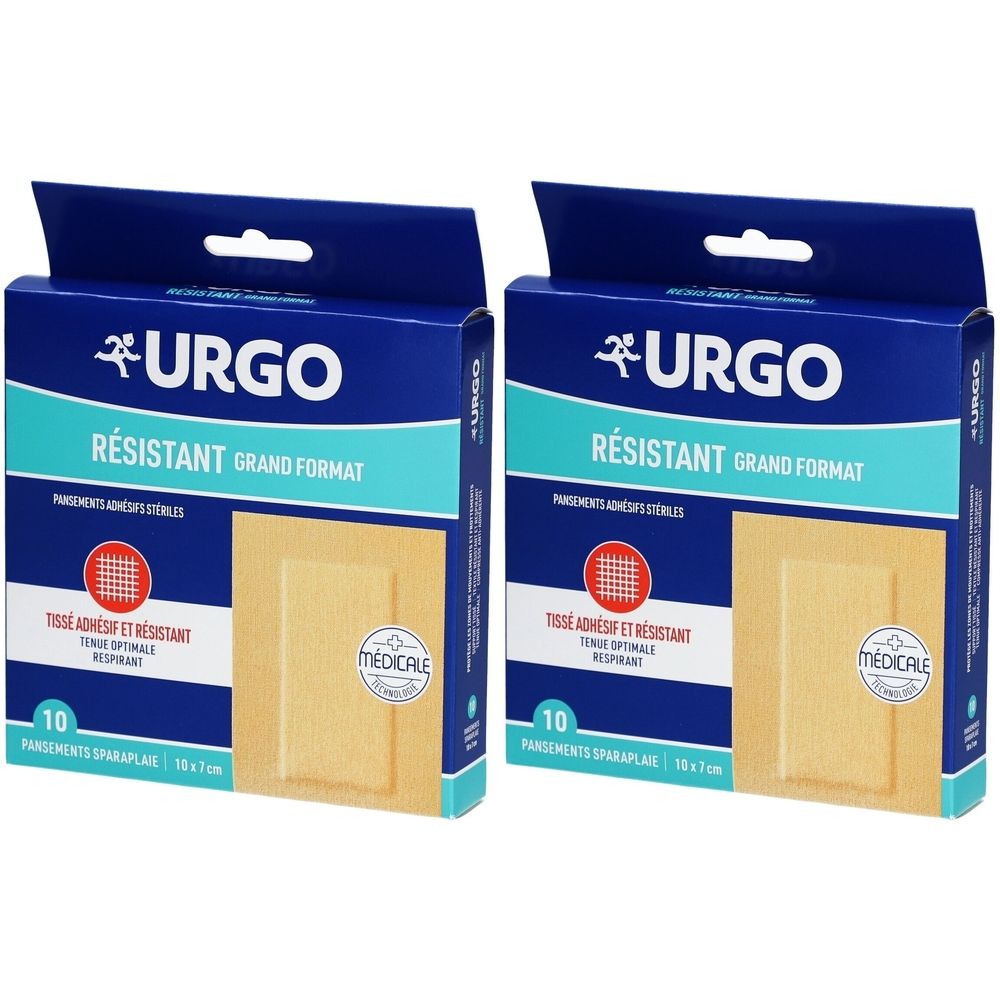 Deux boîtes de pansements URGO Résistant Grand Format. Emballage bleu avec logo blanc. Inscription : 10 pansements sparaplaie 10 x 7 cm.  Texte : Tissé adhésif et résistant.