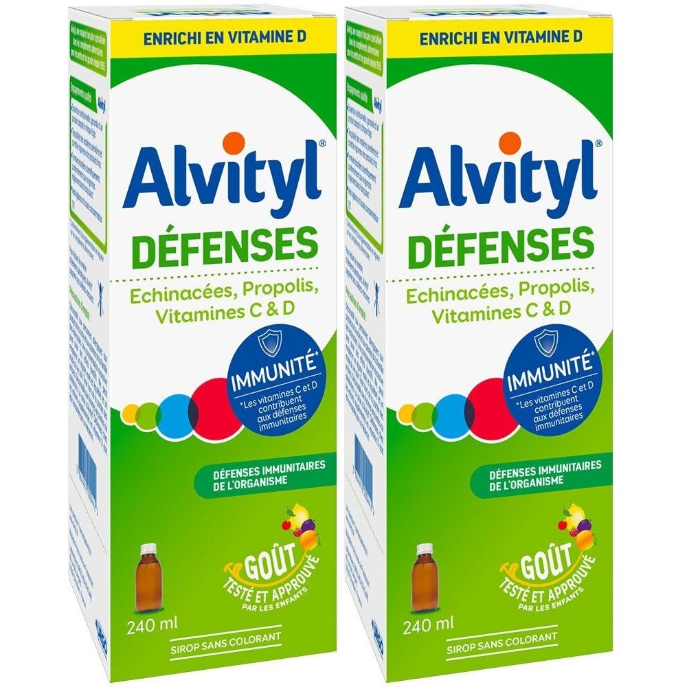 Deux boîtes de sirop Alvityl Défenses. Ingrédients : Echinacée, Propolis, Vitamines C & D. Design vert et blanc. Flacons de 240 ml.