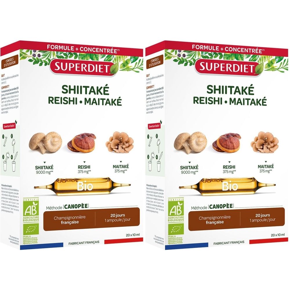 Deux boîtes de SUPERDIET Shiitake Reishi Maitake. Inscriptions : Bio, label AB, 20 ampoules.