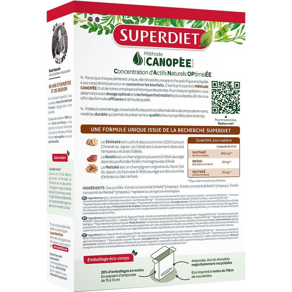 Arrière d'une boîte SUPERDIET Shiitake Reishi Maitake Bio. Contient des informations sur les ingrédients et l'origine.