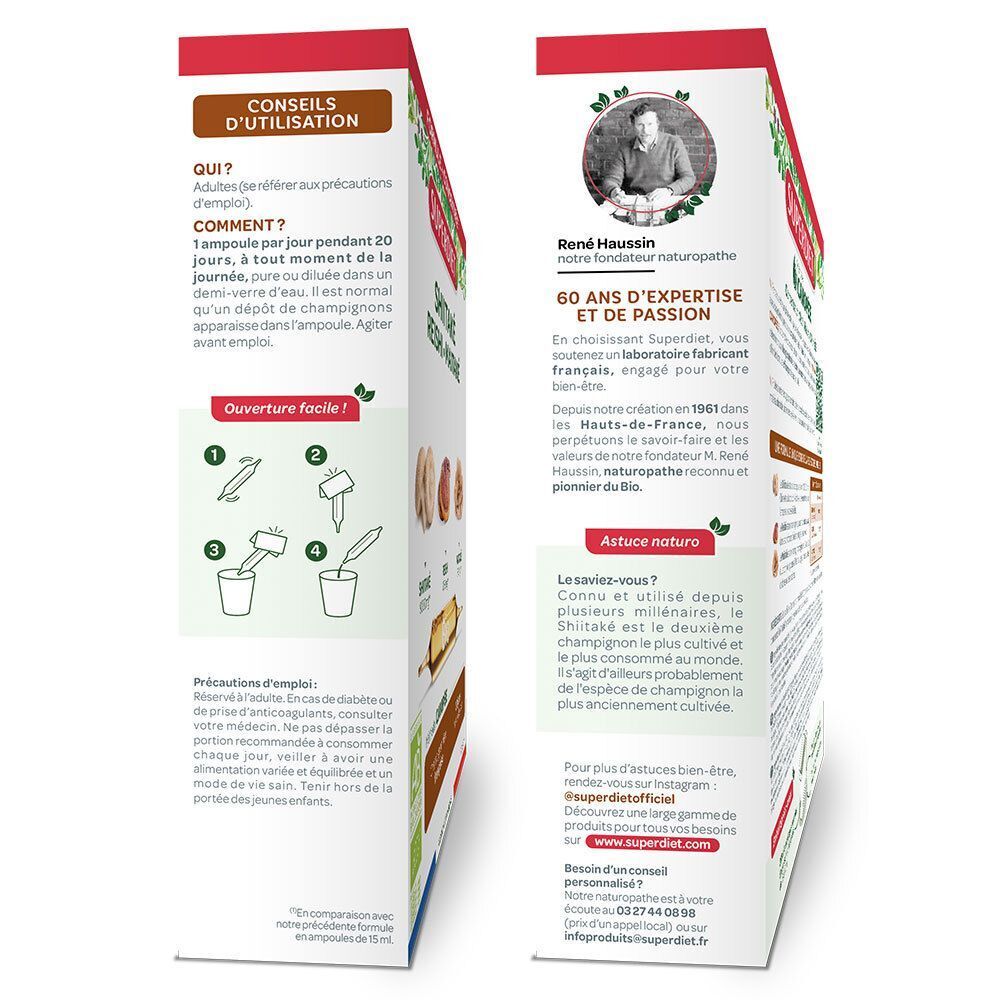 Vue latérale d'une boîte SUPERDIET Shiitake Reishi Maitake Bio avec instructions d'utilisation et portrait du fondateur.