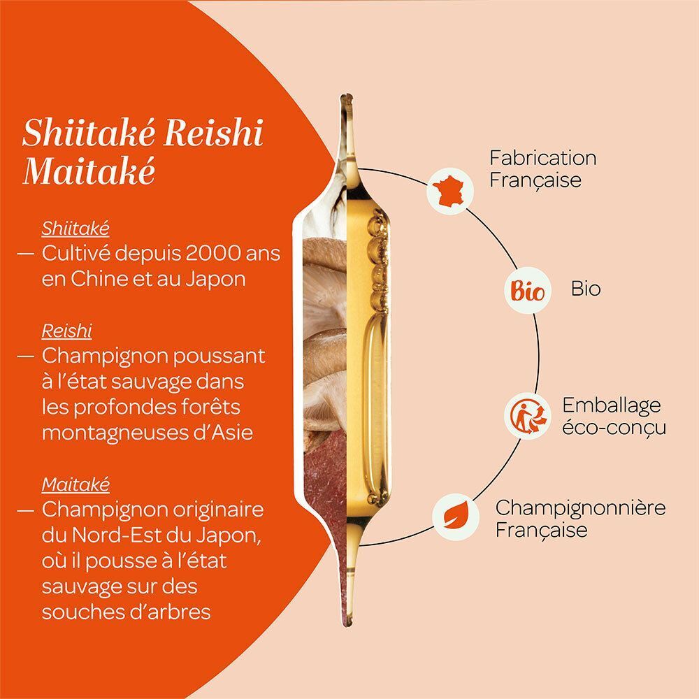 Vue détaillée d'une ampoule SUPERDIET Shiitake Reishi Maitake Bio. Informations sur le Shiitake, le Reishi et le Maitake.