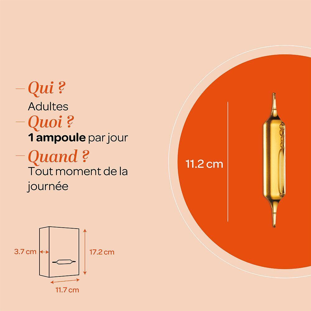 Représentation d'une ampoule SUPERDIET et dimensions de l'ampoule et de l'emballage. Informations sur la prise.