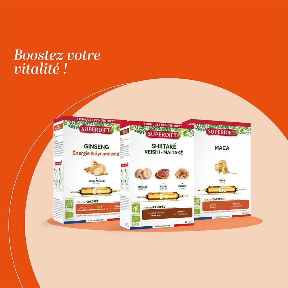 Trois boîtes de produits SUPERDIET : Ginseng, Shiitake Reishi Maitake et Maca. Vue de face.