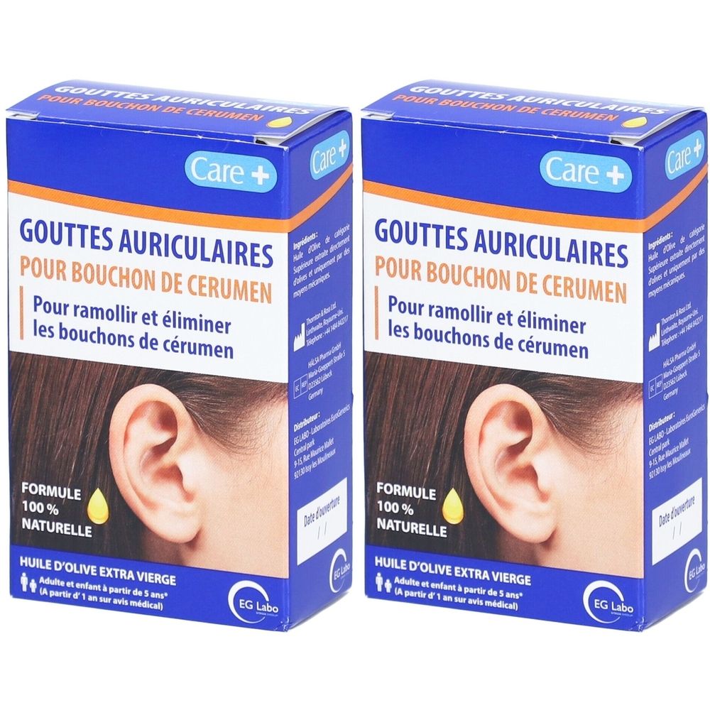 Deux boîtes bleues de gouttes auriculaires. Inscription: GOUTTES AURICULAIRES POUR BOUCHON DE CERUMEN. Avec illustration d'une oreille.
