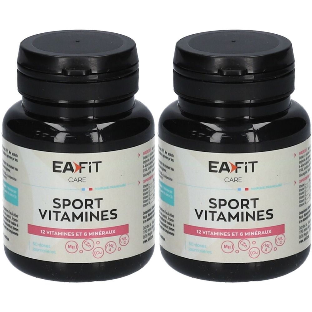 Deux flacons noirs avec des couvercles noirs. L'étiquette indique "EA FIT CARE SPORT VITAMINES".