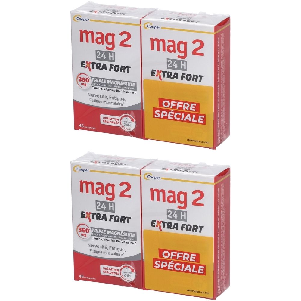 Deux boîtes de "mag 2 24H EXTRA FORT". Mention "OFFRE SPECIALE". Contient 45 comprimés.