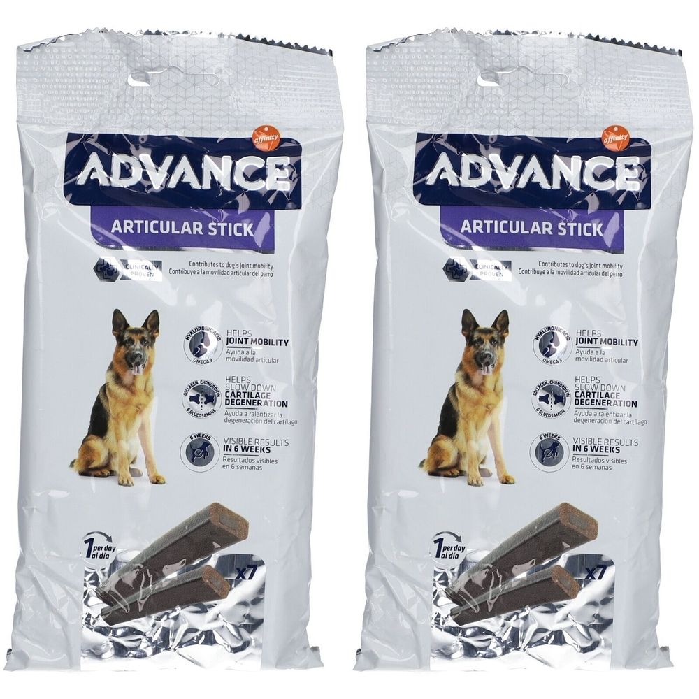 Deux paquets ADVANCE Articular Stick. Inscription : Joint Mobility, dégénérescence du cartilage. Image d'un chien et de bâtonnets.