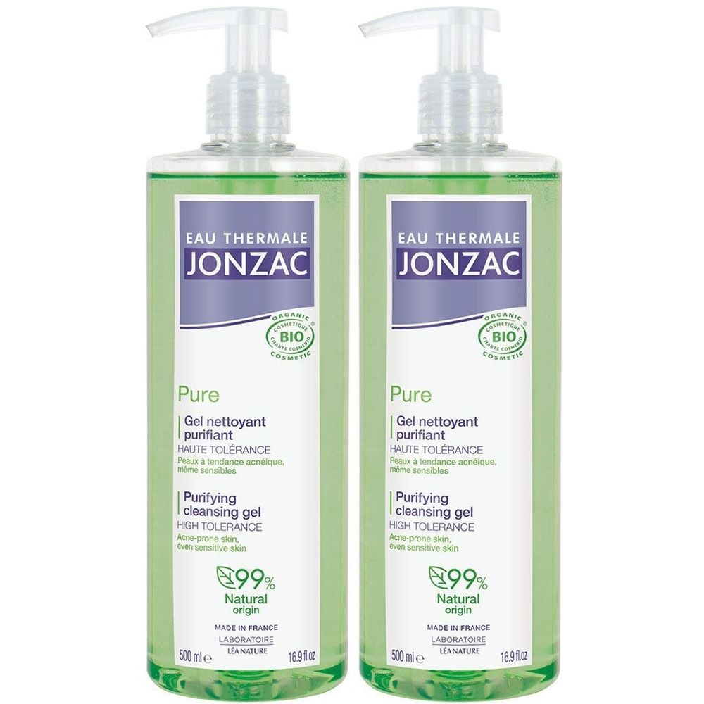 Deux flacons verts avec pompe. Inscription: Jonzac, Pure, Gel nettoyant purifiant, 99% Natural origin. Certification Bio.
