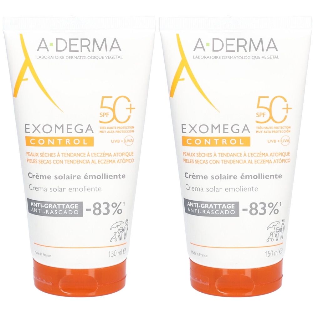 Deux tubes de A-DERMA Exomega Crème Solaire Emolliente SPF50+. Tubes blancs avec détails orange. Texte: EXOMEGA CONTROL, SPF50+.