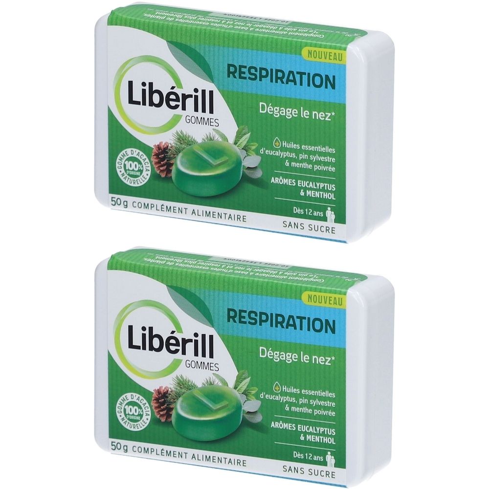 Deux boîtes rectangulaires. Inscription: Libérill, Respiration, 50g, complément alimentaire. Contient des arômes et sans sucre.