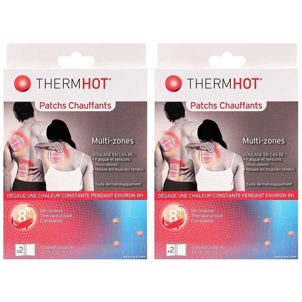 Deux paquets de patchs chauffants. Inscription: THERMHOT, Patchs Chauffants, Multi-zones. Illustration de personnes avec des zones rouges.