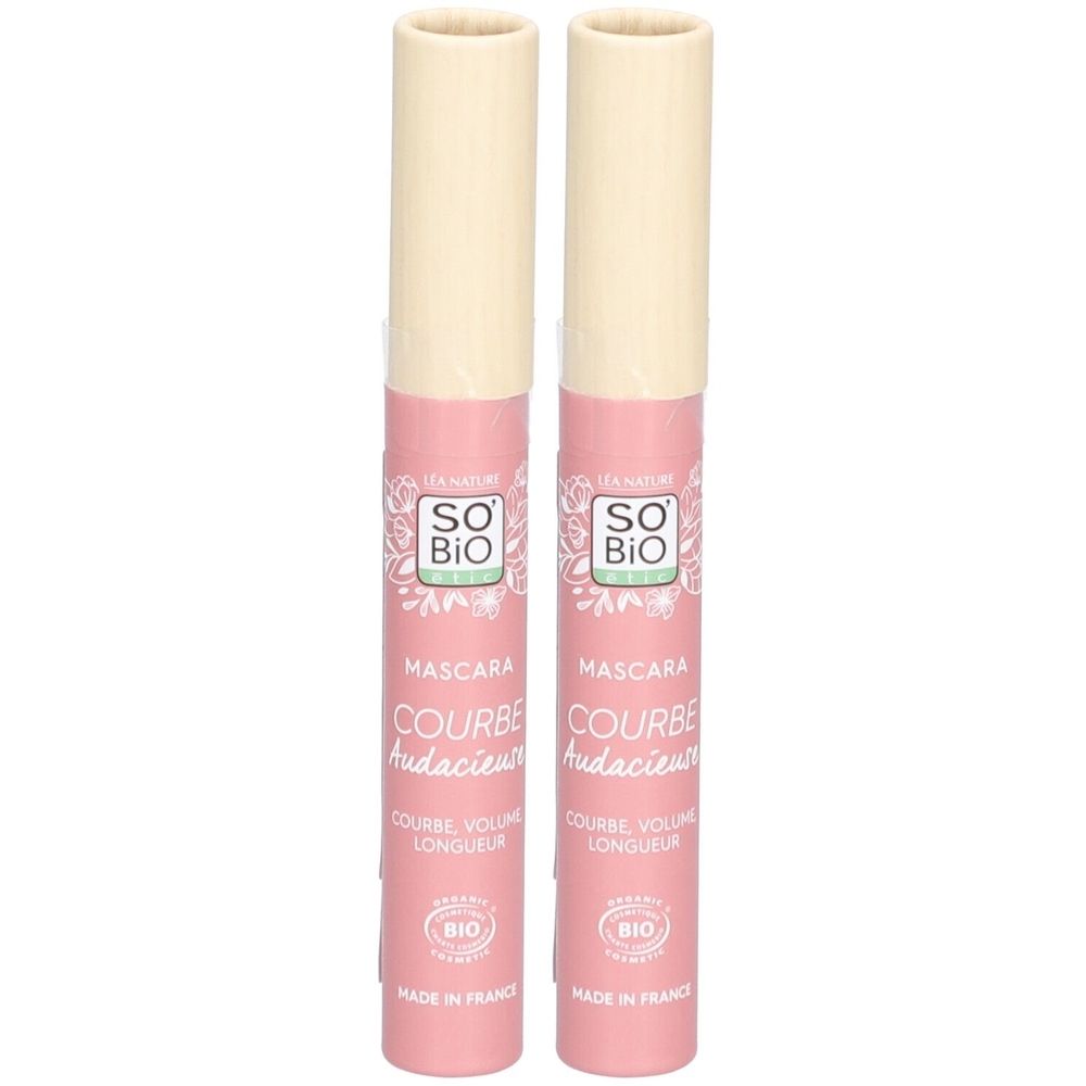 Deux mascaras roses avec bouchons beiges. Le nom de la marque, le nom du produit et la certification bio sont imprimés. Fabriqué en France.