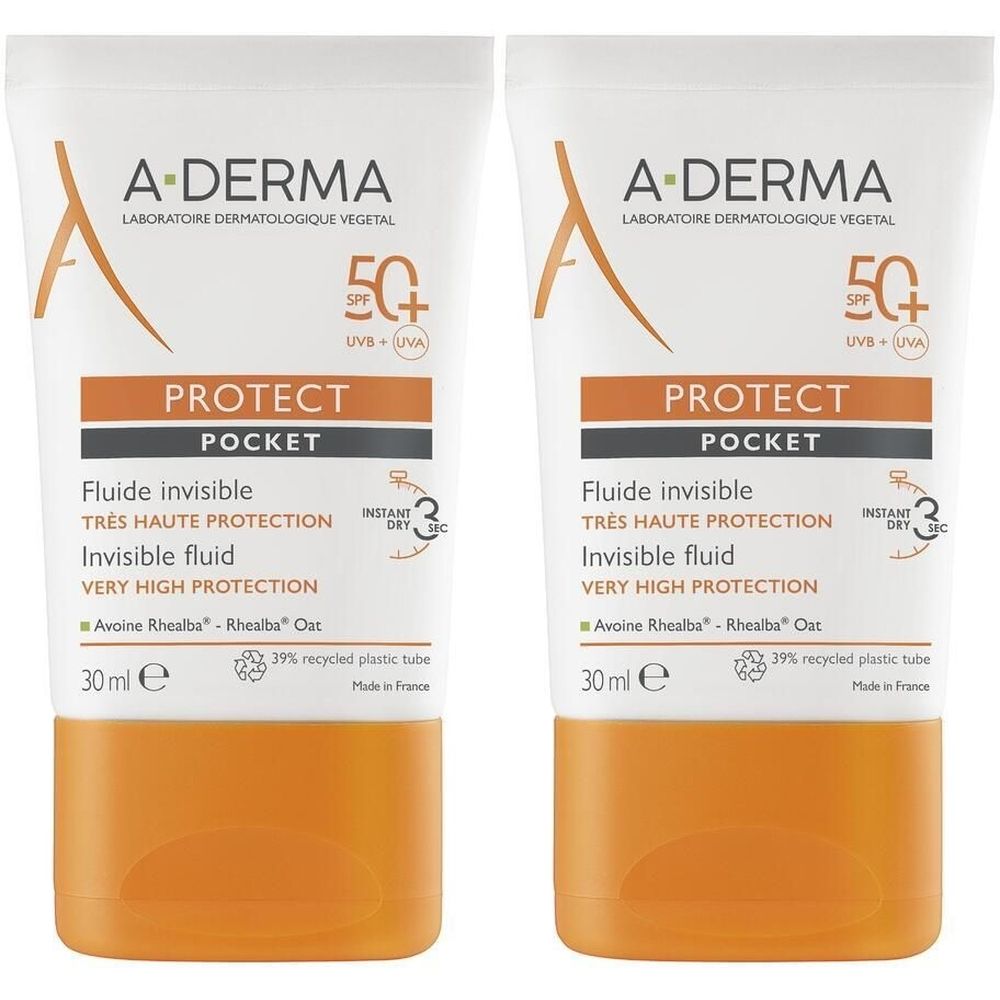 Deux tubes de fluide solaire. Emballage blanc et orange avec nom du produit et SPF 50+. 30ml. A-DERMA PROTECT.