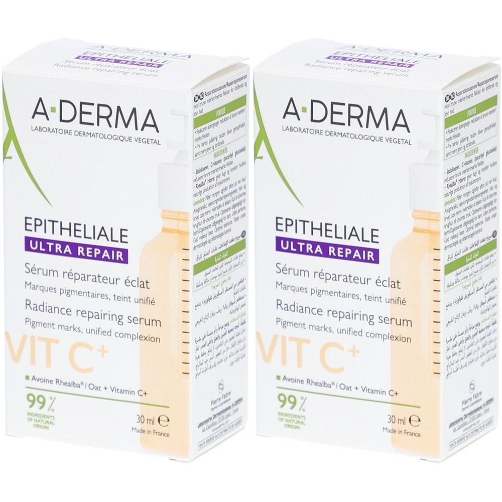 Deux boîtes rectangulaires. Inscription : A-DERMA Epitheliale Ultra Repair Sérum. Contient de la vitamine C. 30 ml.