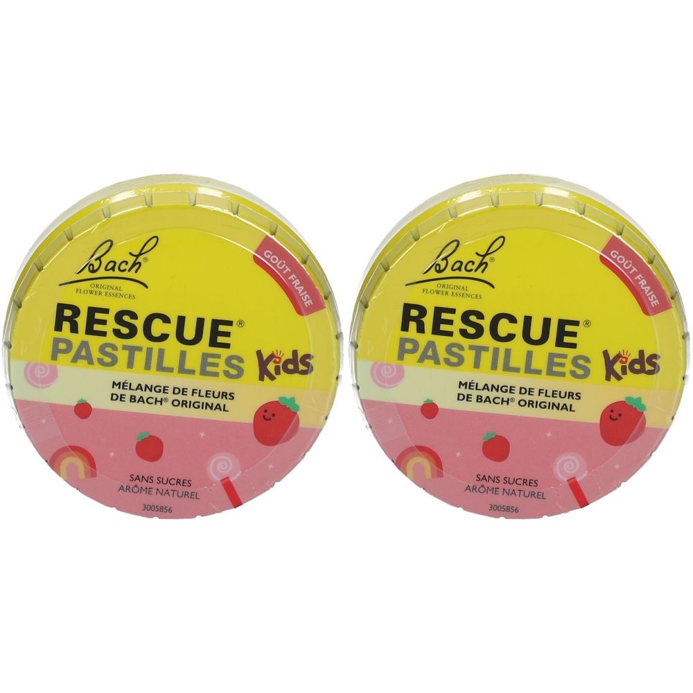 Deux boîtes rondes jaunes avec RESCUE PASTILLES Kids. Goût fraise. Sans sucre. Mélange de fleurs de Bach original.