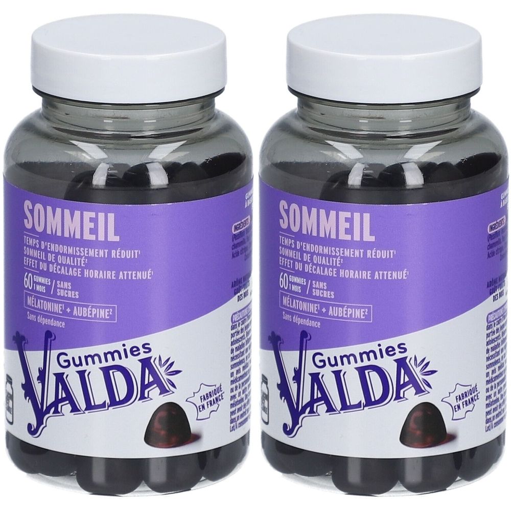 Deux flacons de Gummies Sommeil VALDA. Étiquette violette avec texte blanc. Contient mélatonine et aubépine. 60 gummies par flacon.