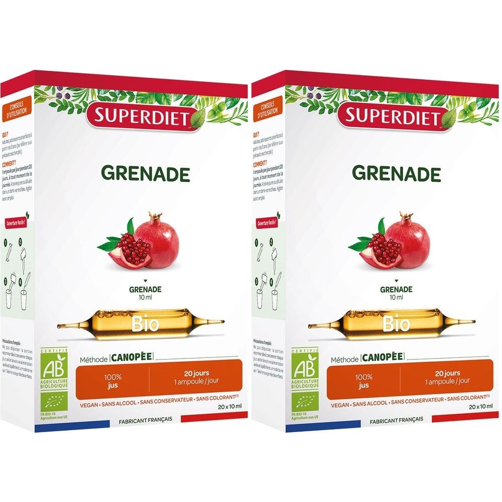 Boîte SUPERDIET Grenade Bio. Illustration de grenade. Ampoules visibles. Label AB Bio. Inscription "100% jus".