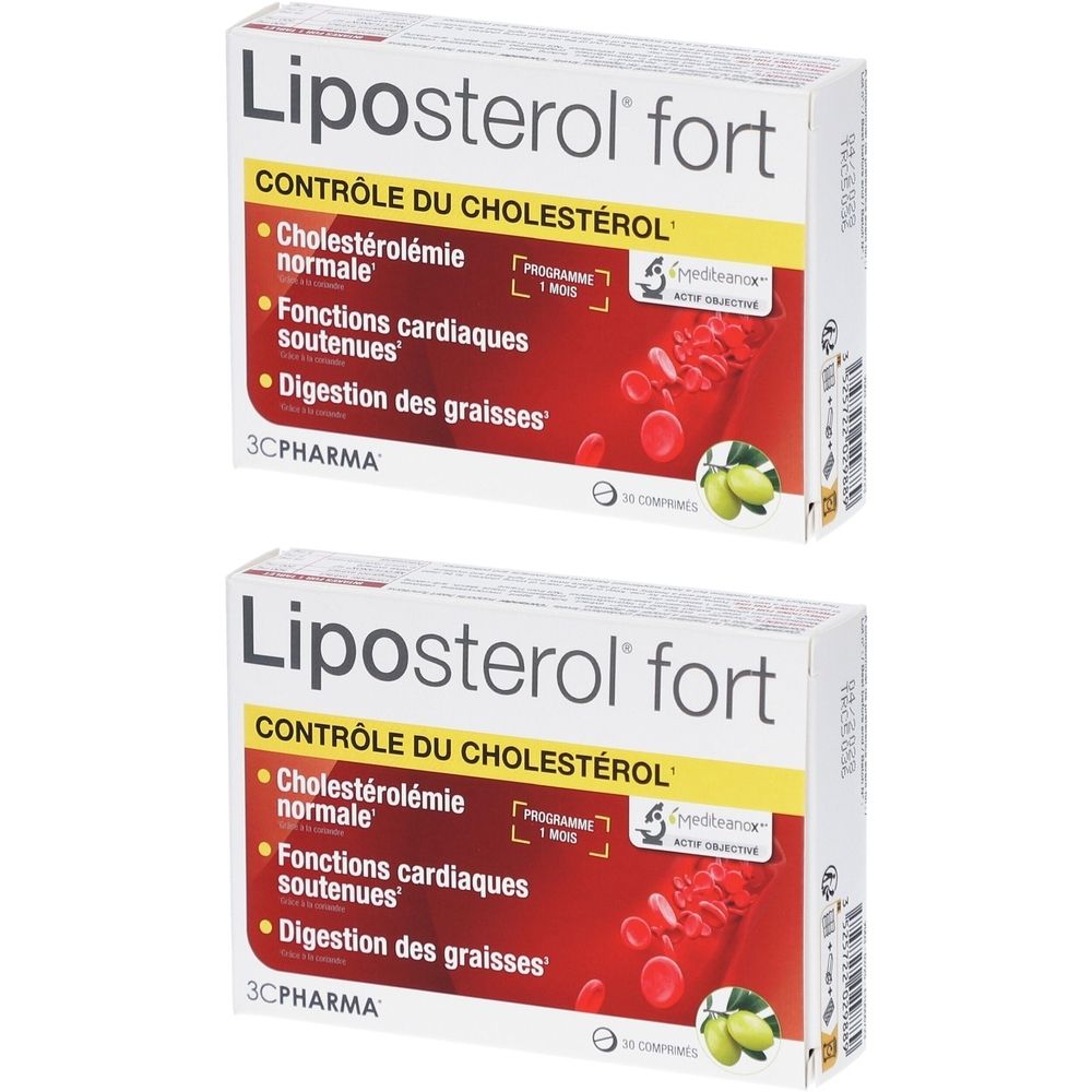 Deux boîtes de Liposterol fort. Inscription : Contrôle du cholestérol, cholestérolémie normale, fonctions cardiaques soutenues, digestion des graisses.