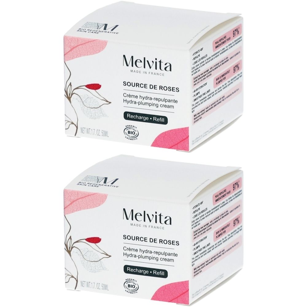Deux boîtes blanches. Inscription: Melvita Source de Roses Crème hydra-repulpante. Avec logo bio et mention Recharge. Motif floral rose.